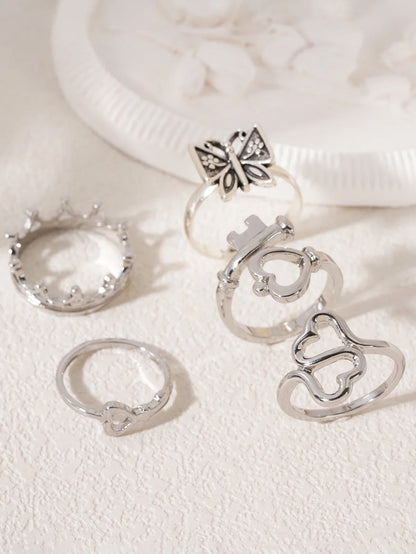 Heart Butterfly Ring Set Crown Heart-Shaped Designs Stackable Vintage Jewelry for Women, Boho Punk Fashion Accessory