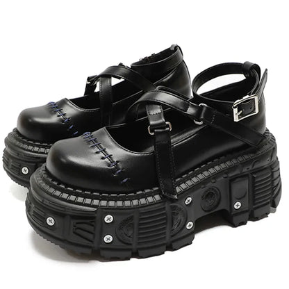 Gothic Mary Janes For Women Crossed-tied Ankle Strap Platform Shoes Round Toe Thick Bottom Female Shoes Punk Women Shoes 2026