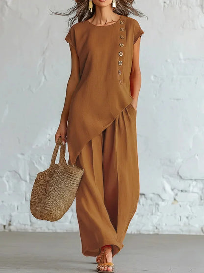 2026 Women 2 Piece Set Elastic Waist Pocket Button Decorate Wide Leg Pants+Solid Blouse Suit Casual Top Trousers Lady Outfits
