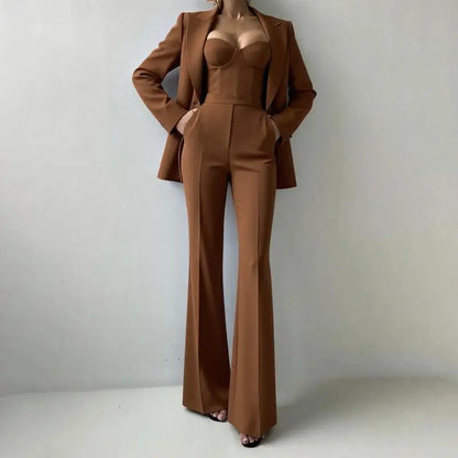 Solid Suit Jacket Corset Pants 3 Piece Set Women Corset Lapel Coat Straight Pants Lady Set 2026 Summer Autumn Commute Outfit New