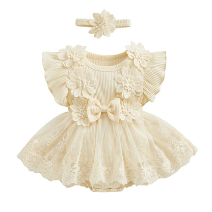 3D Flower Summer Baby Girls Romper Princess Mesh Newborn Clothes Lace Patchwork Ruffle Bodysuit Dress Headband Kids Clothing