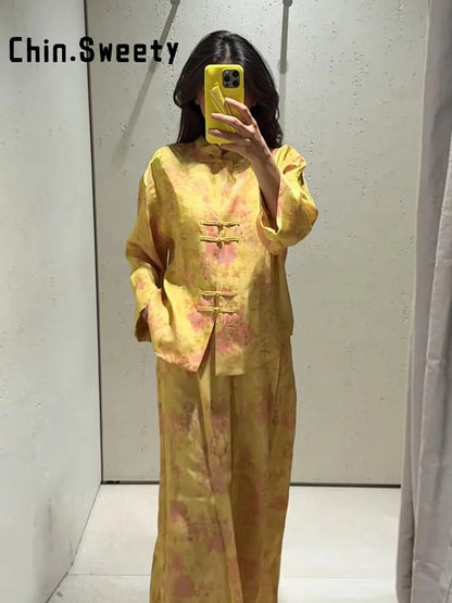 Fashion Women's Printed Button Top Long Pant Set Loose Stand Collar Full Sleeved Tops Wide Leg Pants 2026 Autumn Lady Suit New