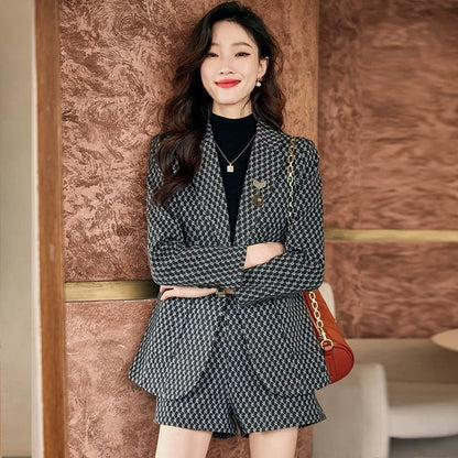 Autumn Winter Women's Elegant Fashion Printed Slim Blazers High Waist Shorts Set Ladies Long Sleeve Casual Coat Short Pants Suit