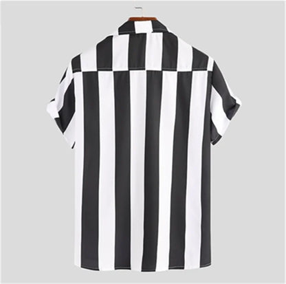 Men's striped casual shirt, summer beach casual loose-fitting short-sleeved shirt, summer daily commuting style travel shirt