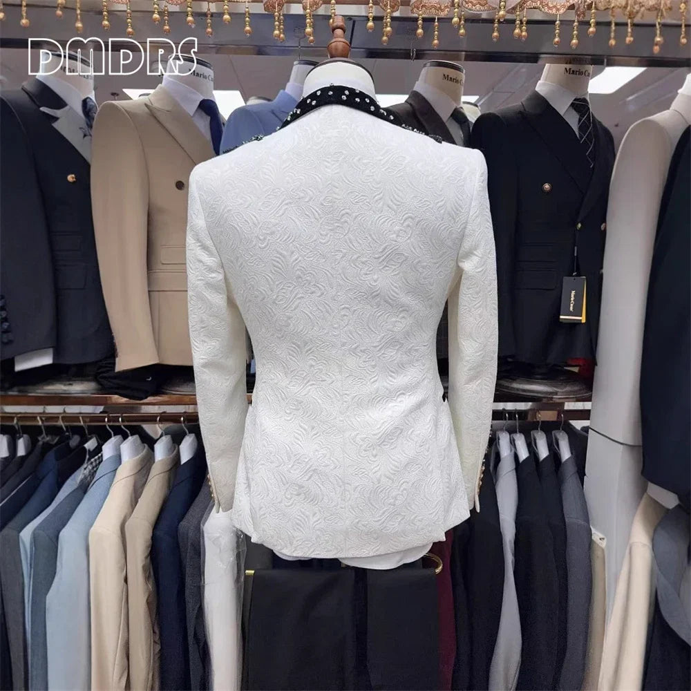 Luxury Paisley Men's Beading Suit Set, 3-piece Formal Suit Set Jacket Vest Pants Black White Rhinestones Tuxedo Set