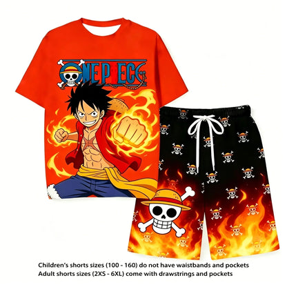 One Piece Luffy Anime Printed Short Sleeve T Shirt And Shorts Set Unisex For Children And Adults Stylish Home Sleepwear Suit
