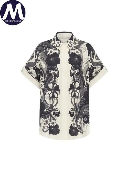Women's Summer Versatile 2-Piece Set Printed Short Sleeve Shirt Top with Loose Wide Leg Pants Casual Fashion Outfit