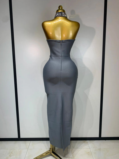 High Quality Strapless Beading With Necklace Bandage Dress  Celebrity Elegant  Evening Party Fancy Club Birthday Dresses