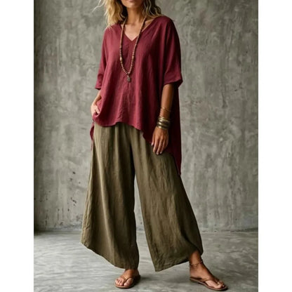 Summer New Loose Retro Short-sleeved T-shirt Trousers 2-piece Set Women's Fashion Irregular Top + Wide-leg Trousers Set Female