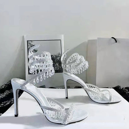 2023 Summer Crystal Pendant Twine Sandals Rhinestone High Heels 10cm Open Toe Women Shoes Party Wedding Bridal Shoes Size 34-43