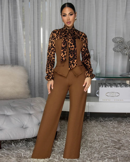 2 Pcs Women Chic Pants Suit Casual Leopard Patchwork Slim Top