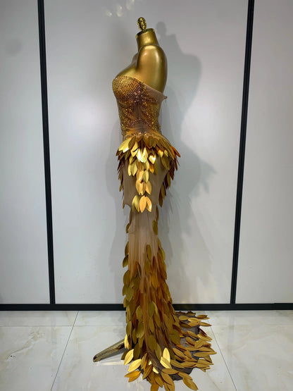 Women Sexy Strapless Mesh Maxi Long Dress Sparkly Gold Rhinestone Sequin Evening Party Gown Luxury Nightclub Birthday Prom Dress