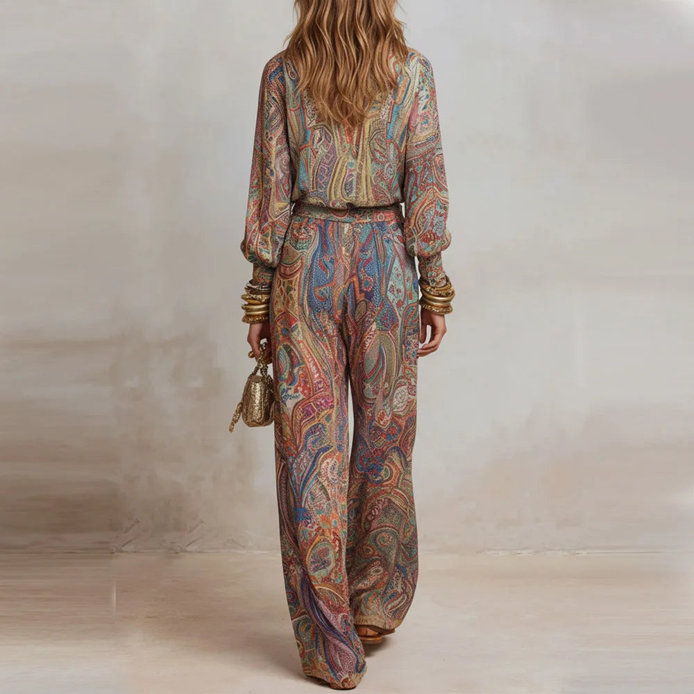Boho Paisley Print Two-Piece Set for Women Sexy V-Neck Long Sleeve Blouse Top & Wide Leg Pants Casual Loose Suit for Vacation