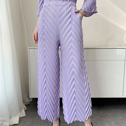 2026 Spring New Women Handmade Pleated Pants Set Comfortable Casual Seven Sleeve T-Shirt Top Loose Wide Leg Pants 2 Piece Set