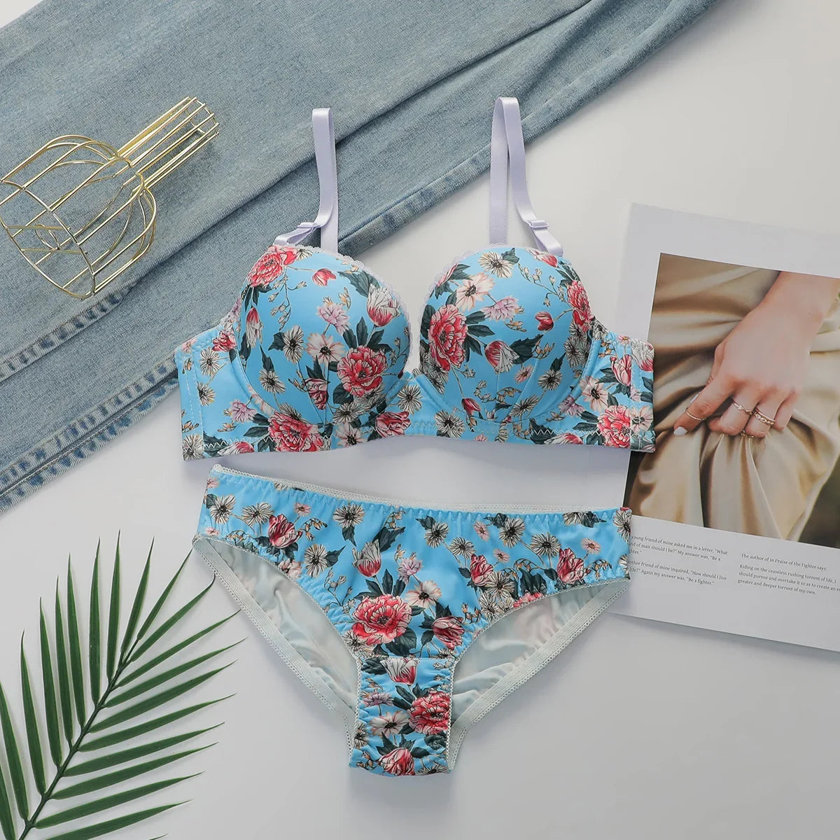2-Pieces High quality Women's Flower Printed Bra Underwear Set Women's Autumn/Winter New Underwear Underwear Underwear A2173
