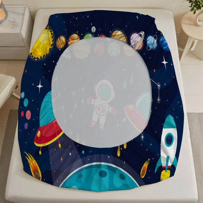 1pc Cartoon Space Astronaut Print Fitted Sheet Deep Pocket Elastic