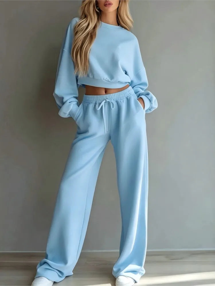 Autumn New Casual O Neck Long-sleeved Ultra-short Sweatshirt Trousers 2piece Set Women Fashion Casual Female Sports Trousers Set