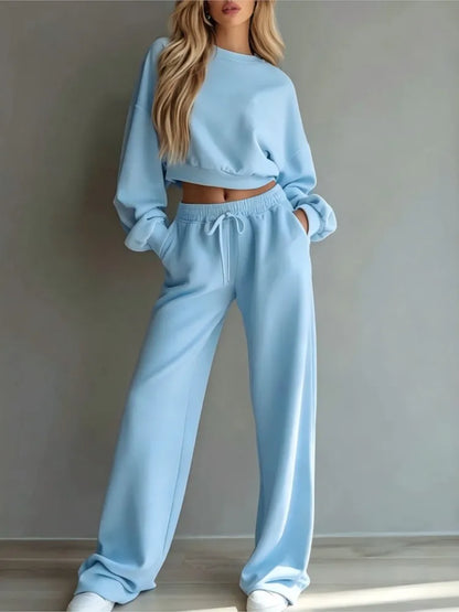 Autumn New Casual O Neck Long-sleeved Ultra-short Sweatshirt Trousers 2piece Set Women Fashion Casual Female Sports Trousers Set