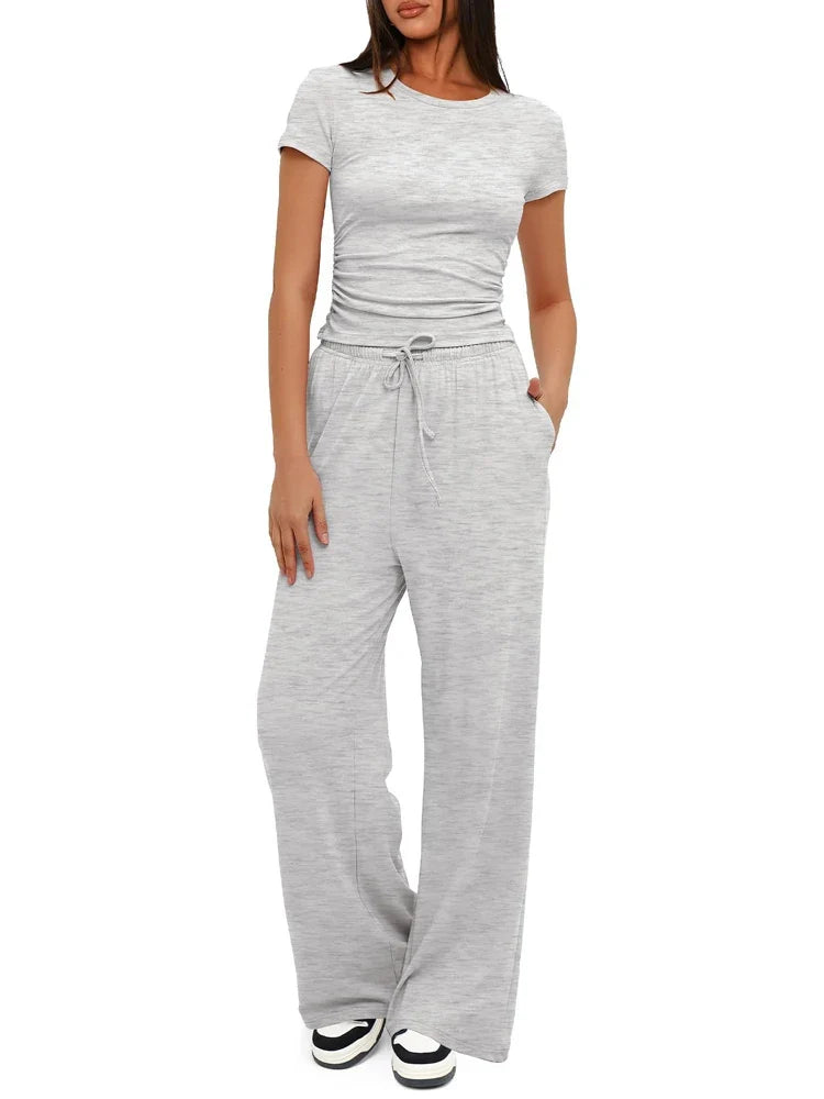 Summer Solid Loose Casual Tracksuit Women's Two Pieces Set O Neck Short Sleeves T-shirts and Wide Leg Pants Sets Sportswear Set