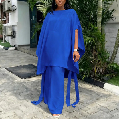 Two Piece Set Women O Neck Short Sleeve Loose Maxi Tops Wide Leg Pants Suit Fashion Elegant Simple Casual Africa Church Outfits