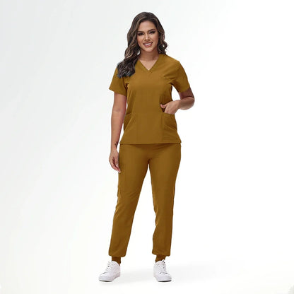 Stretchy Nurse Uniforms V-neck Top Jogger Pants Scrub Sets Surgical Workwear Dentist Nursing Suit Hospital Doctor Outfit S21