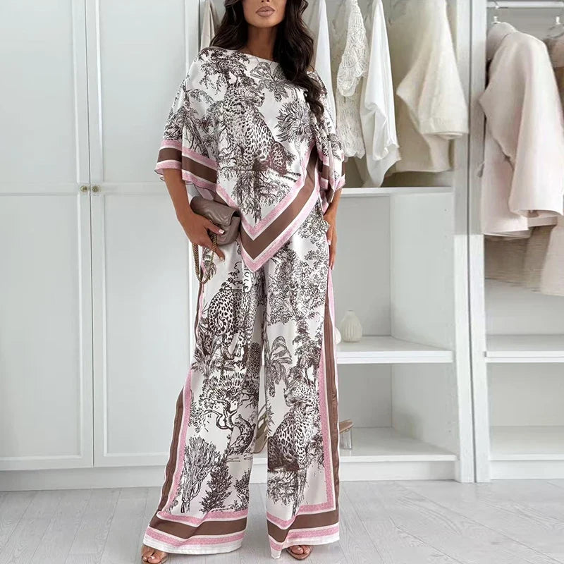 Vintage Printed Shirt High Waist Wide Leg Pants Suit Women Casual Two Piece Set Irregular 3/4 Length Shirt Trousers Holiday Sets