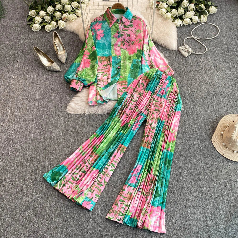 Elegant For Women's Fashion Sets Casual Long Sleeve Shirt Straight Pants Suit Female 2024 Loose Print Tops Two Pieces Outfits