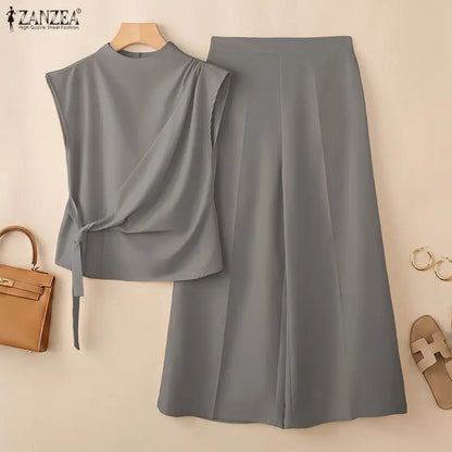ZANZEA Summer Trousers Suit Short Sleeve Lace-Up Blouse Wide Leg Pant Sets Solid Color OL Work Outfit Fashion Women 2 Piece Sets