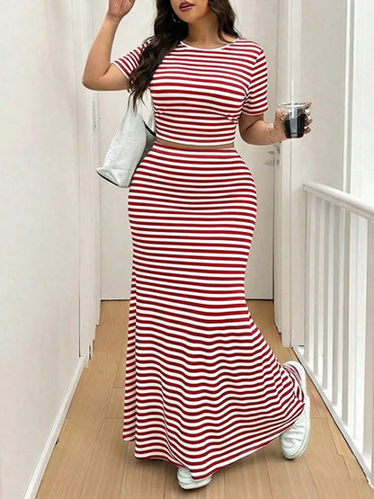 GIBSIE Plus Size Striped O-Neck Short Sleeve Crop Top Women Summer Mermaid Hem Long Skirts Set Female Casual Two Piece Outfit