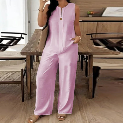 Summer O Neck Button Vest Shirt Wide Leg Pants Suit Women Casual Two Piece Set Solid Color Comfortable Holiday Outfits White