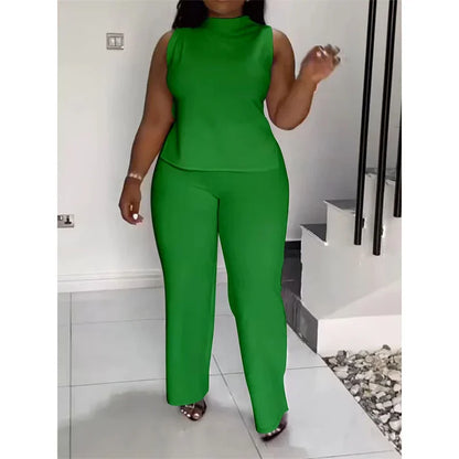 Solid Casual Tracksuit Women 2 Pieces Outfits Summer Sleeveless Side Split Top and Wide Leg Pants Sporty Fitness Matching Sets