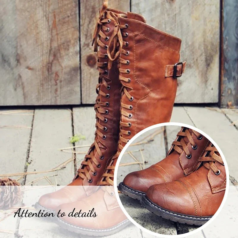 Women Knee High Boots Autumn Winter Lace Up Flat Shoes Sexy PU Leather Shoes Retro Buckle Women Shoes Fashion Black Knight Boots