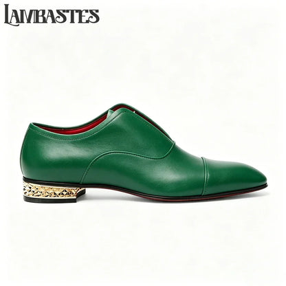 Gold Geometric Heel Patent Leather Mens Loafers Polished Glossy Upper Red Lining Formal Dress Shoes Embossed Gold Heel Loafers