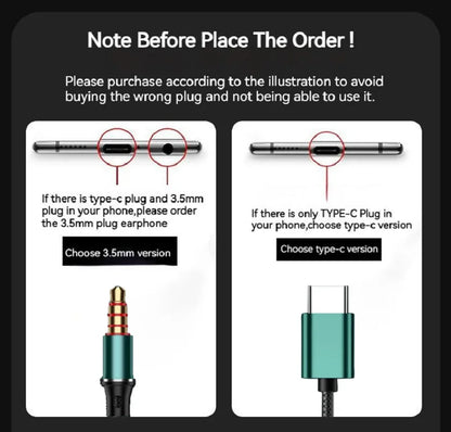 Type C&3.5mm Headphones HiFi Bass Stereo Volume Control Headset In HD Mic Wired Earbuds For IPhone15-17/Samsung Series Earphones