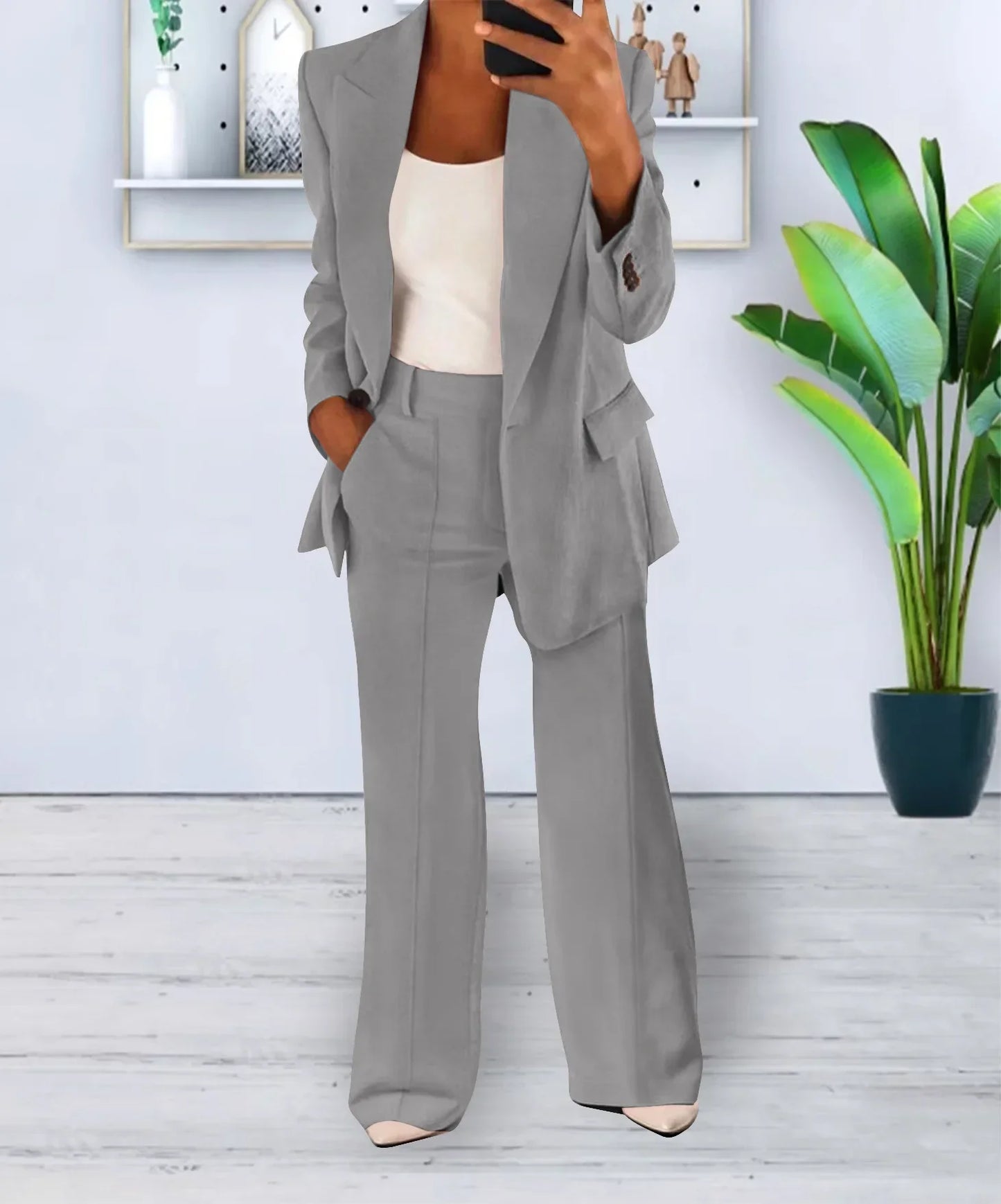Women Suits 2 Pieces Set Fashion Lapels Single-button Coat Straight Leg Slim Pants Elegant Commuter Casuals Outfit Available 5XL