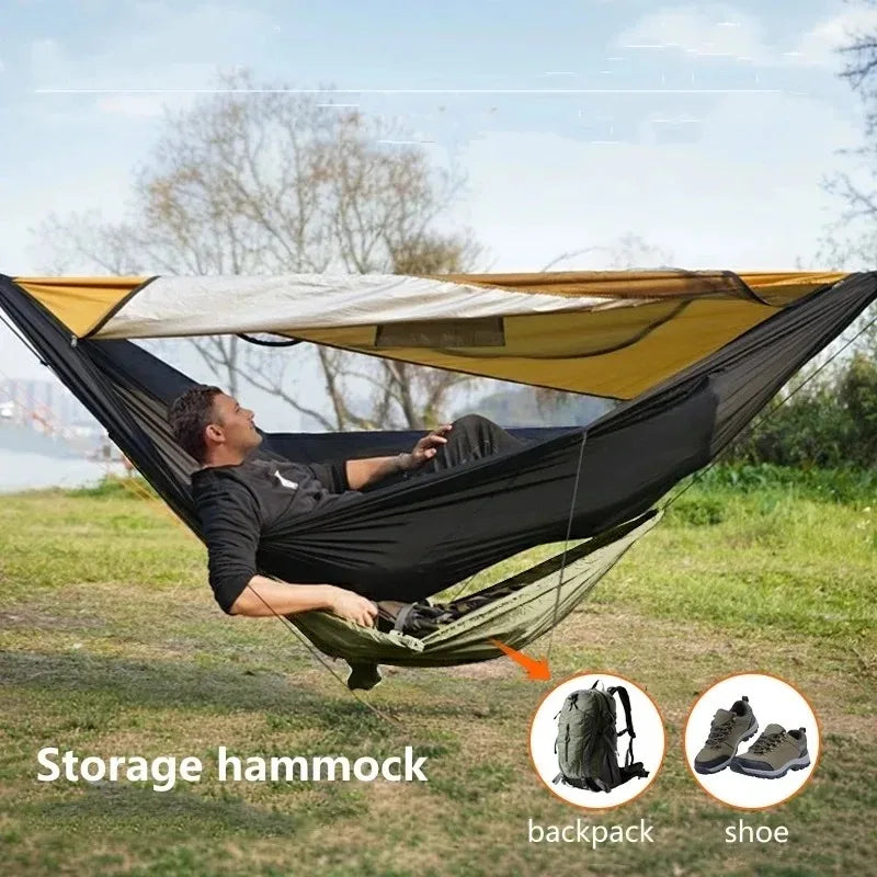 Portable and easy-to-setup small storage hammock for hiking, mountaineering, cycling, and camping — compact hammock for gear org
