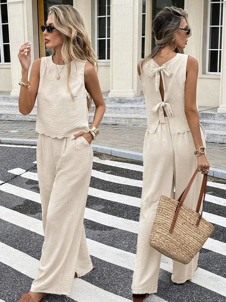 Ladies Spring Summer Elegant Casual Holiday Wear Solid Color Sleeveless Back Tied Top Straight Leg Pants Outfit