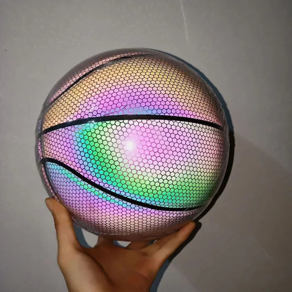 Luminous Basketball Ball Holographic Reflective Lighted Flash Ball PU Wear-Resistant Glowing Basketball Night Sports Game