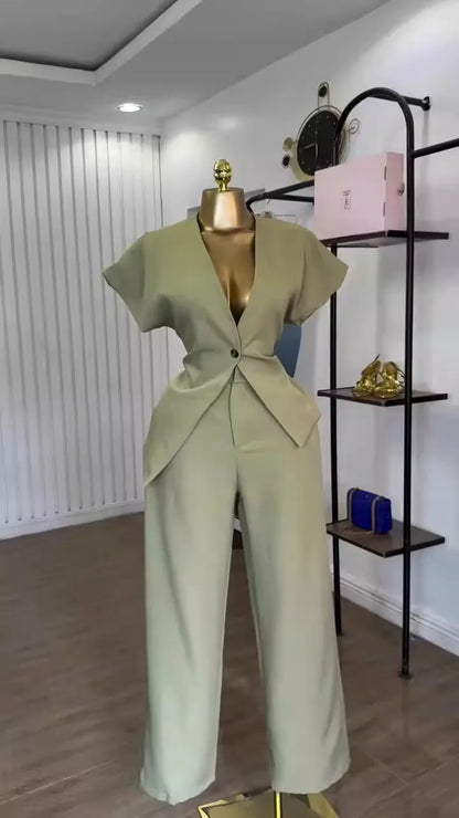Women Pant Set Two Piece Sets V Neck Short Sleeve Tops Wide Leg Long Pants High Waist Y2k Streetwear Elegant Summer 2026
