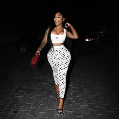 Y2K Fashion Women Two Piece Set Sexy Slim Fit Vest and Pants High Street Retro Crescent Print Matching Set
