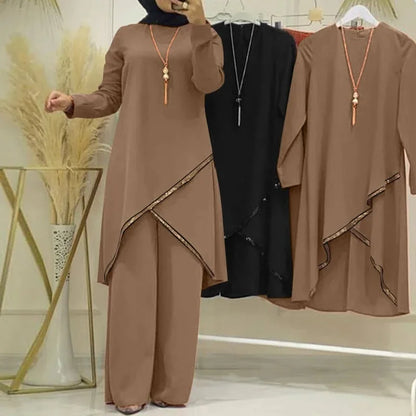 Women Eid Musulman Ensemble Muslim Sets Solid Blouses Wide Leg Pants Ramadan Morocco Two Pieces Dubai Kaftan Loose Modest