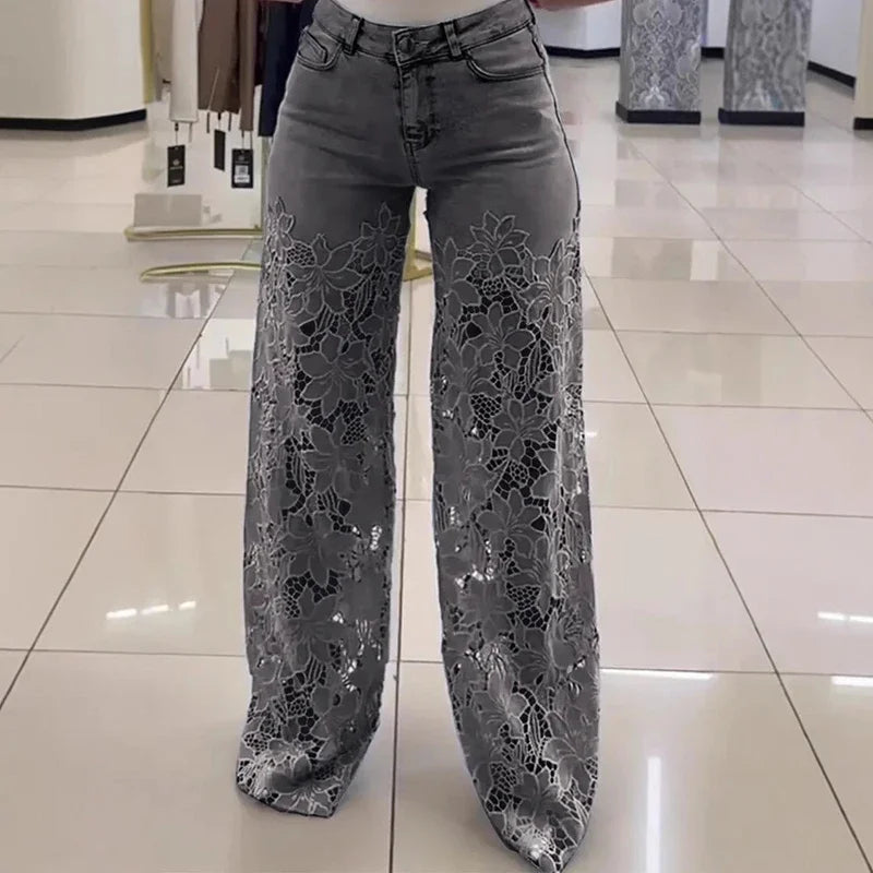 High Waist Wide Leg Jeans Pants Summer Fashionable Lace Splicing Hollow Out Denim Draping Jeans Ladies Cotton Zipper Spring