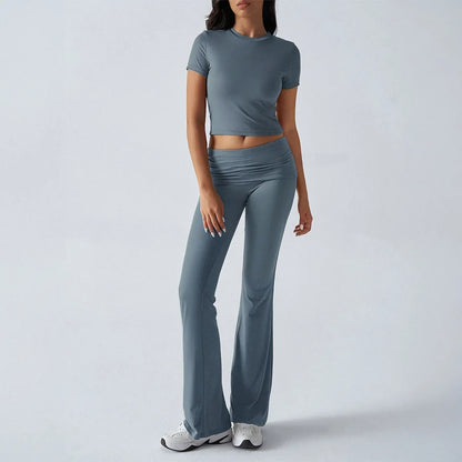 Women Casual Bodycon Two Pieces Set Short Sleeve Crop Top Slim High Waist Running Tracksuit Suit Summer Pants Outfit 2PCS