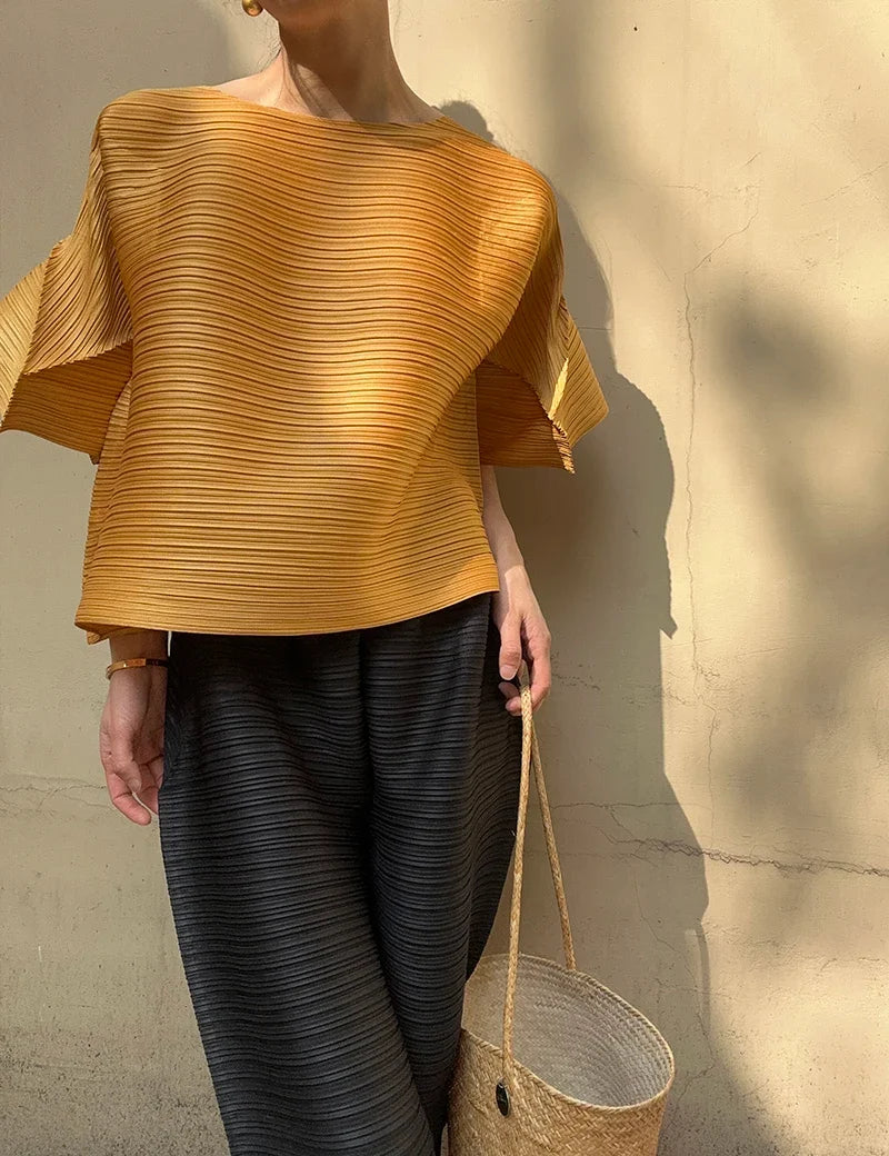 YUDX Miyake Pleated Women 2 Piece Fashion New Bubble Sleeve Round Neck Short Sleeve Loose Top + Irregular Pants Set