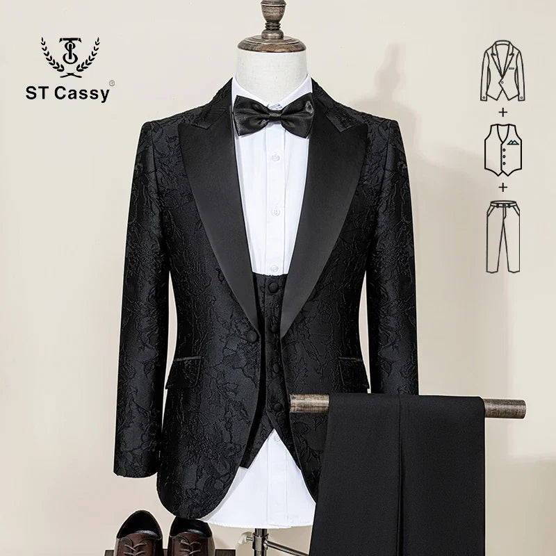 ST Cassy High Quality Luxury Men's Suit 3 Piece Set Dinner Black Party Tuxedo Banquet Attire Fashion Male Groom Wedding