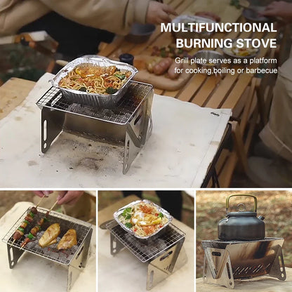 Camping Wood Burning Stove with Grill Plate Outdoor Portable Folding Stainless Steel Backpacking Cooking Stove