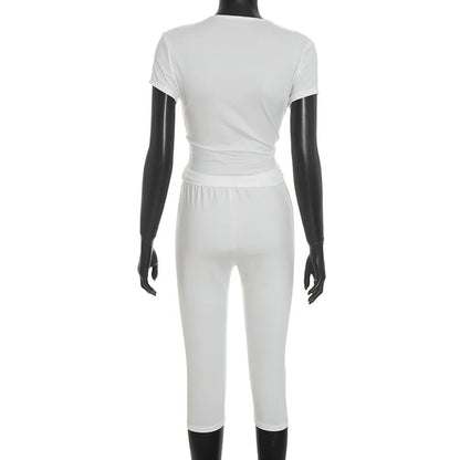 Stylish Lady Cross V Neck Ruched Short Sleeve Two Piece Set High Waist Capri Pants 2026 Women Solid Bodycon Casual Tracksuit