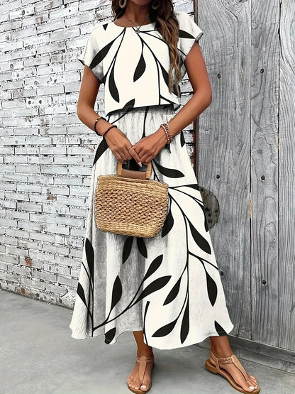 Plus Size Women's Black Leaf Print Short Sleeve Top + Maxi Skirt 2-Piece Set - Casual Daily Style (0XL-4XL)
