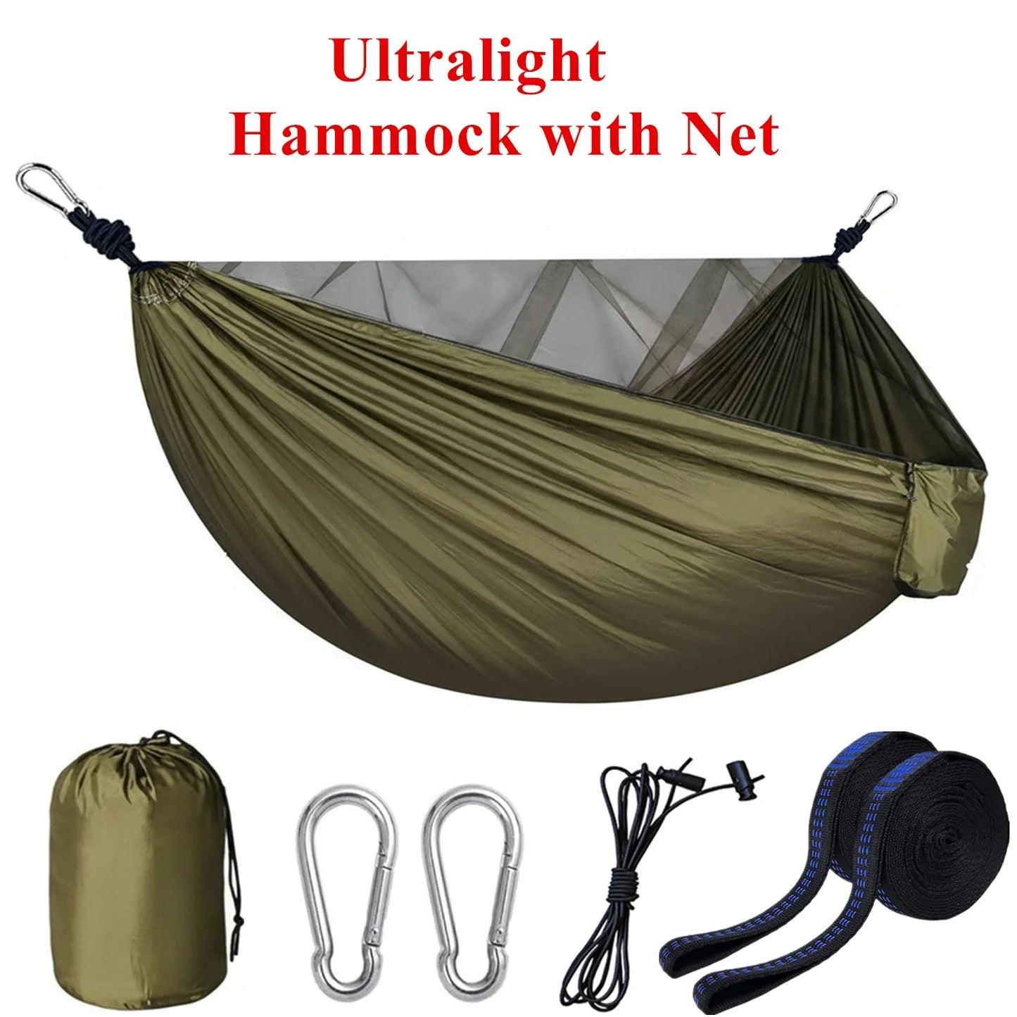 Camping hammock with mosquito net, portable outdoor hammock with mosquito net, equipped with 2 straps and hooks, suitable for travel, backyard, beach, and other outdoor activities