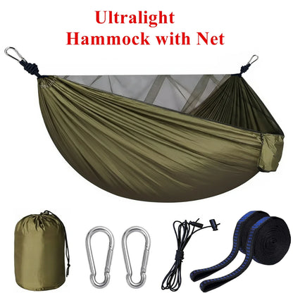 Camping hammock with mosquito net, portable outdoor hammock with mosquito net, equipped with 2 straps and hooks, suitable for travel, backyard, beach, and other outdoor activities